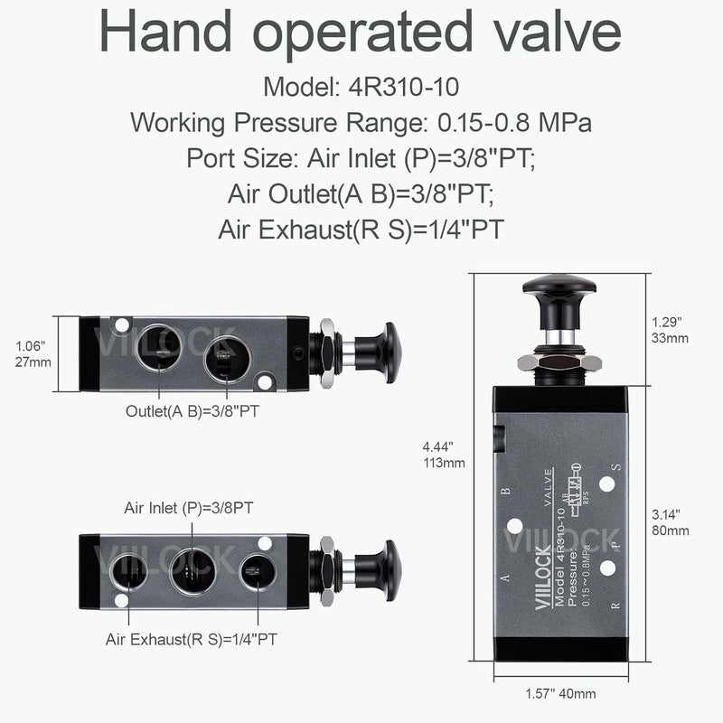 VIILOCK Pneumatic Air Hand Lever Valve, 5 Way 2 Position 3/8”NPT Solenoid Valve Manual Control Direct Driving Type Push-Pull 4R310-10 - Image 4